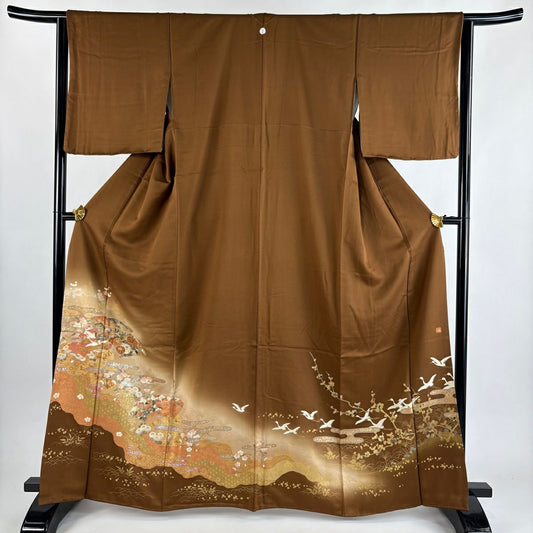 色留袖禮服 身長163cm 袖長64cm M 雙層 落款有 扇子面 仙鶴 金銀彩 漸層 茶 純蠶絲 逸品級 一つ紋