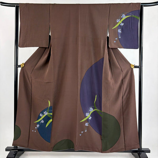 付下 身長157.5cm 袖長63.5cm S 雙層 辻村ジュサブロー 落款あり 草花紋紋 焦茶 純蠶絲 逸品級