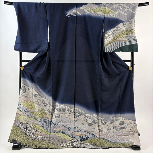 【美品】訪問服 身長174cm 袖長73cm 未仕立 雜花風景 霞 銀通し 絞染 深藍 純蠶絲 逸品級