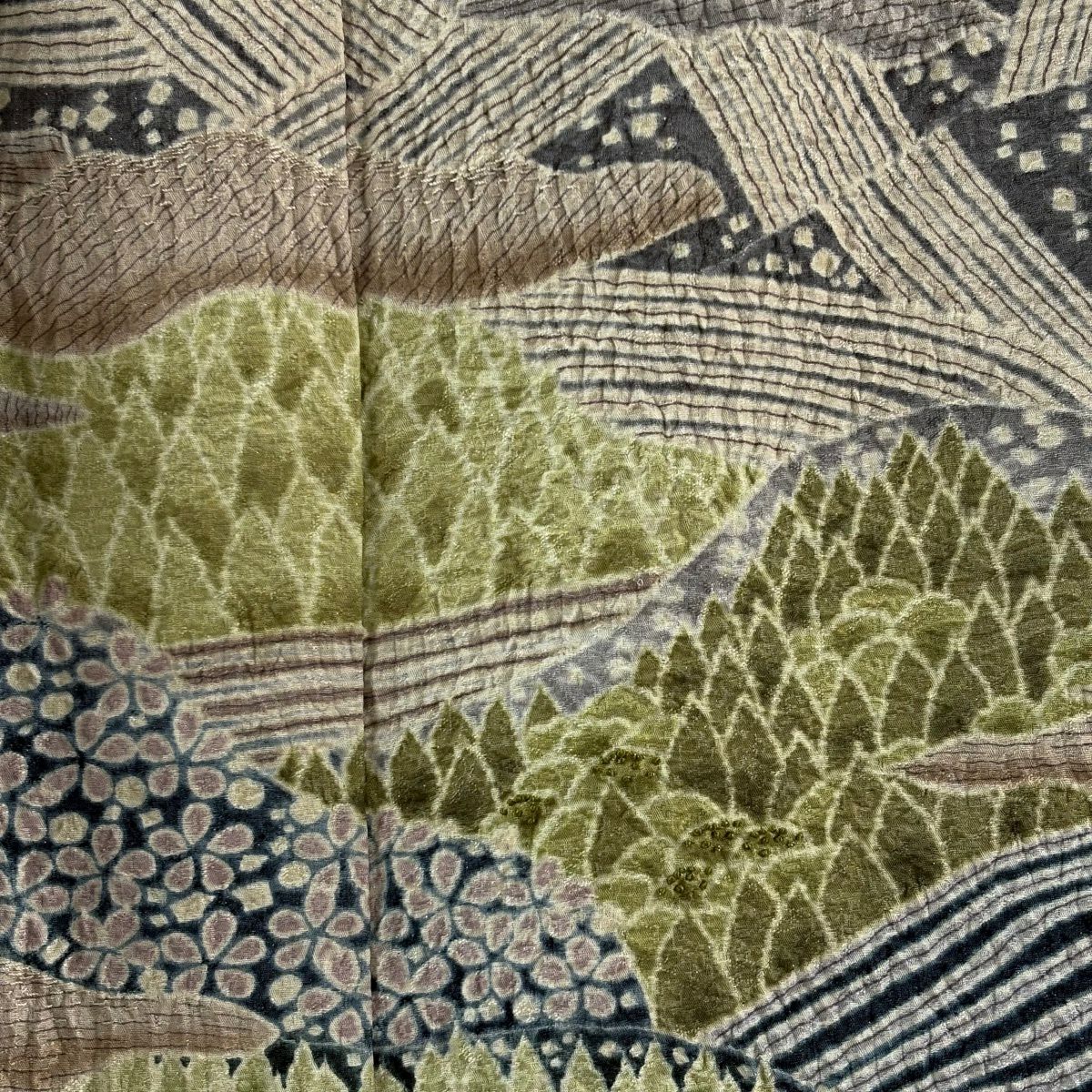 【美品】訪問服 身長174cm 袖長73cm 未仕立 雜花風景 霞 銀通し 絞染 深藍 純蠶絲 逸品級