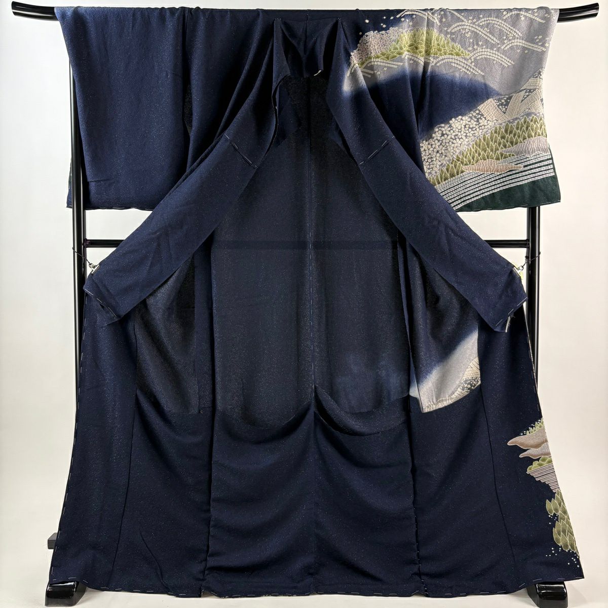 【美品】訪問服 身長174cm 袖長73cm 未仕立 雜花風景 霞 銀通し 絞染 深藍 純蠶絲 逸品級
