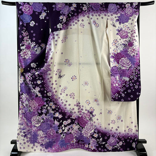 【美品】振袖禮服 身長169cm 袖長67.5cm L 雙層 蝴蝶 玫瑰 水晶銀線 紫 純蠶絲 逸品級