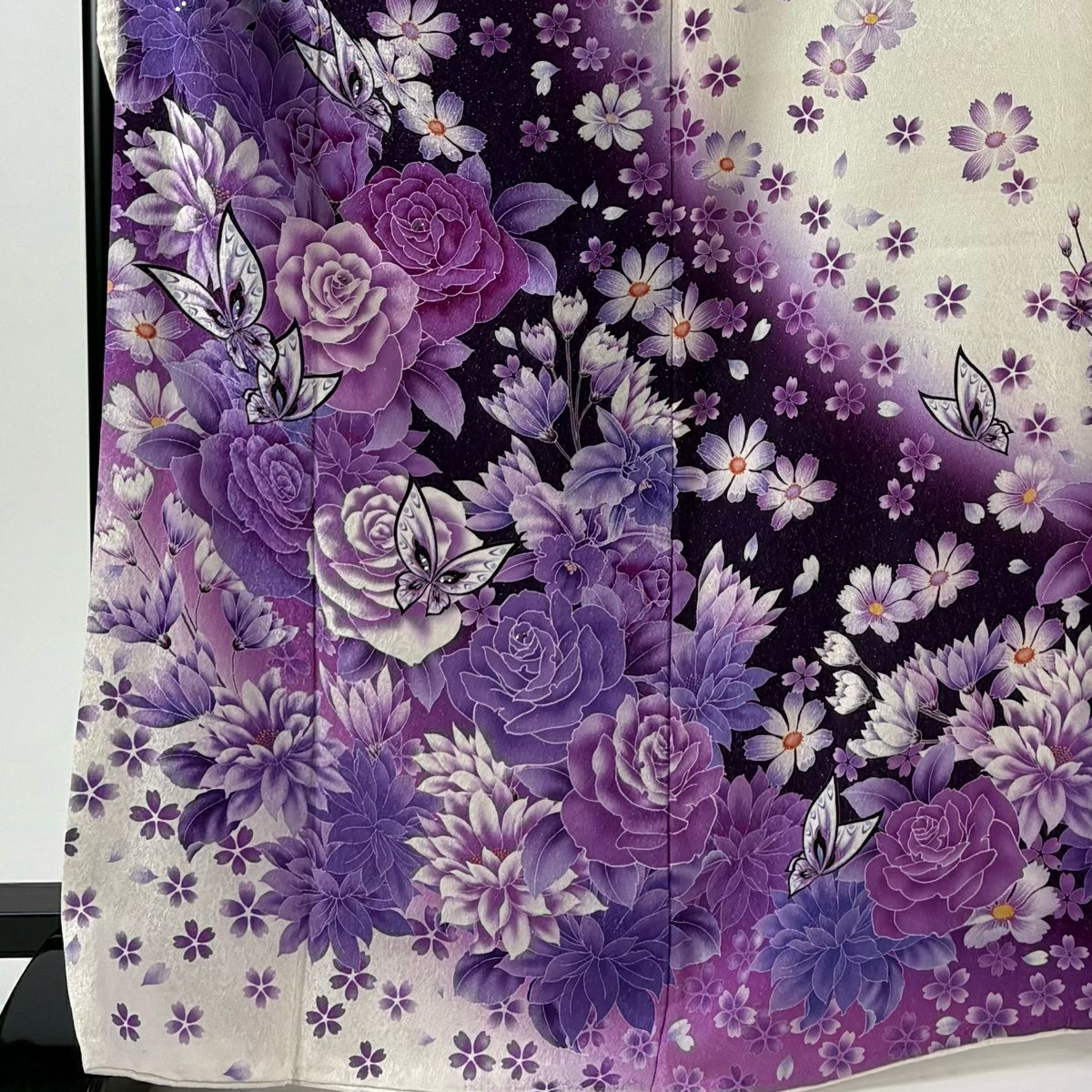 【美品】振袖禮服 身長169cm 袖長67.5cm L 雙層 蝴蝶 玫瑰 水晶銀線 紫 純蠶絲 逸品級