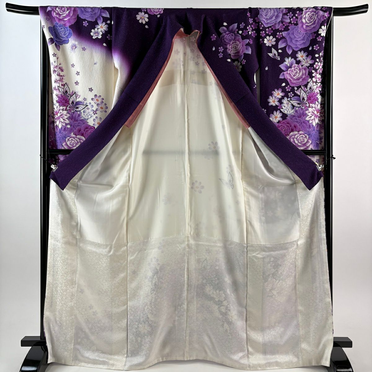 【美品】振袖禮服 身長169cm 袖長67.5cm L 雙層 蝴蝶 玫瑰 水晶銀線 紫 純蠶絲 逸品級
