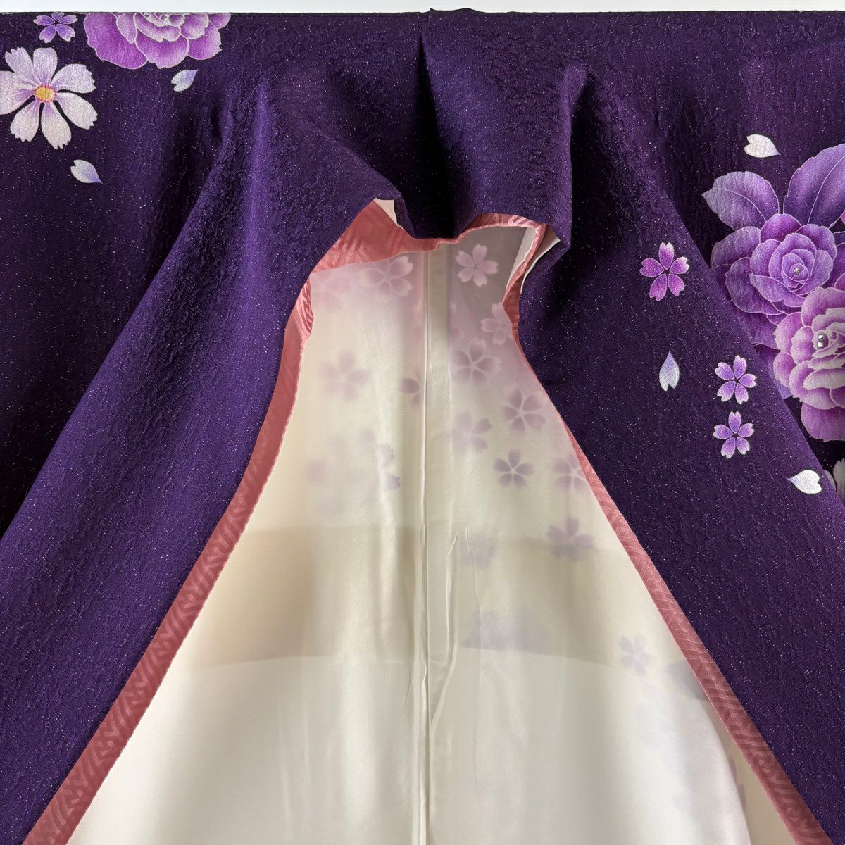 【美品】振袖禮服 身長169cm 袖長67.5cm L 雙層 蝴蝶 玫瑰 水晶銀線 紫 純蠶絲 逸品級
