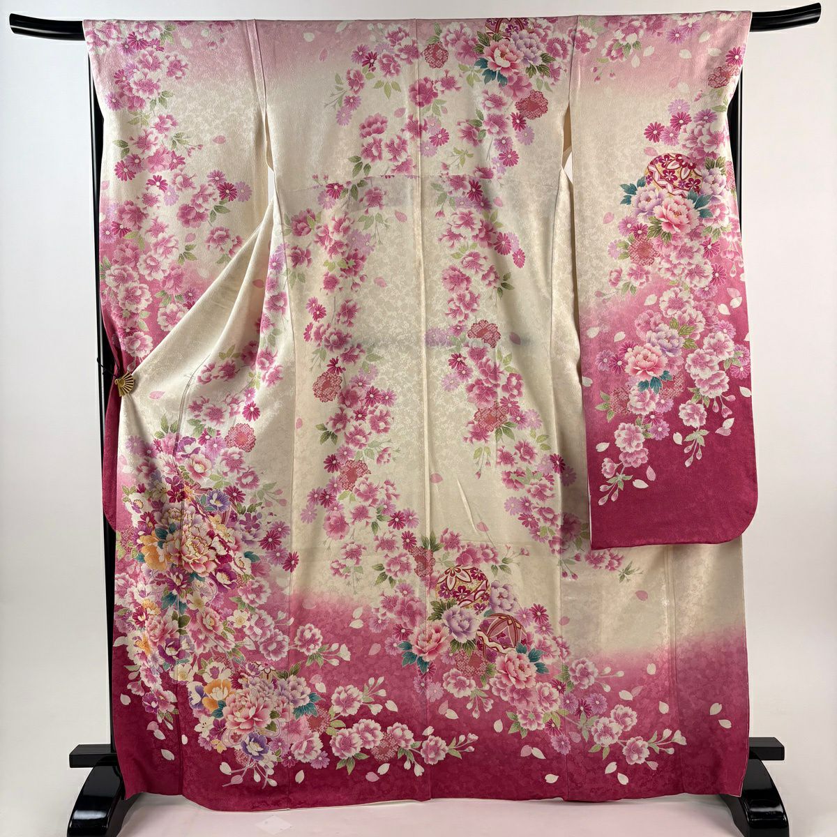 【美品】振袖禮服 身長169cm 袖長68cm L 雙層 花束 手毬 金通 金絲 粉色 純蠶絲 逸品級