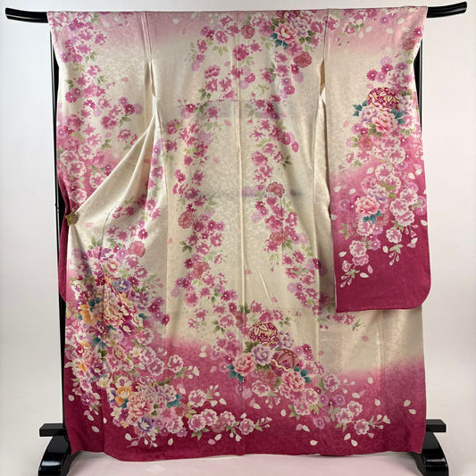 【美品】振袖禮服 身長169cm 袖長68cm L 雙層 花束 手毬 金通 金絲 粉色 純蠶絲 逸品級