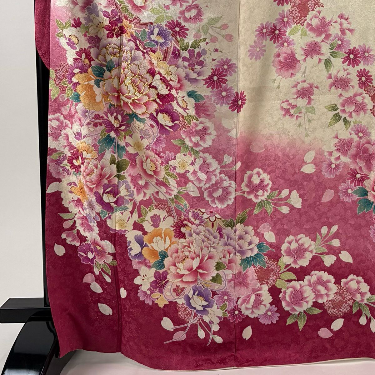 【美品】振袖禮服 身長169cm 袖長68cm L 雙層 花束 手毬 金通 金絲 粉色 純蠶絲 逸品級