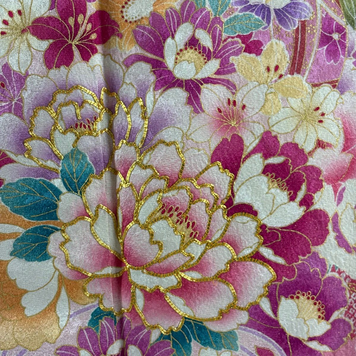 【美品】振袖禮服 身長169cm 袖長68cm L 雙層 花束 手毬 金通 金絲 粉色 純蠶絲 逸品級
