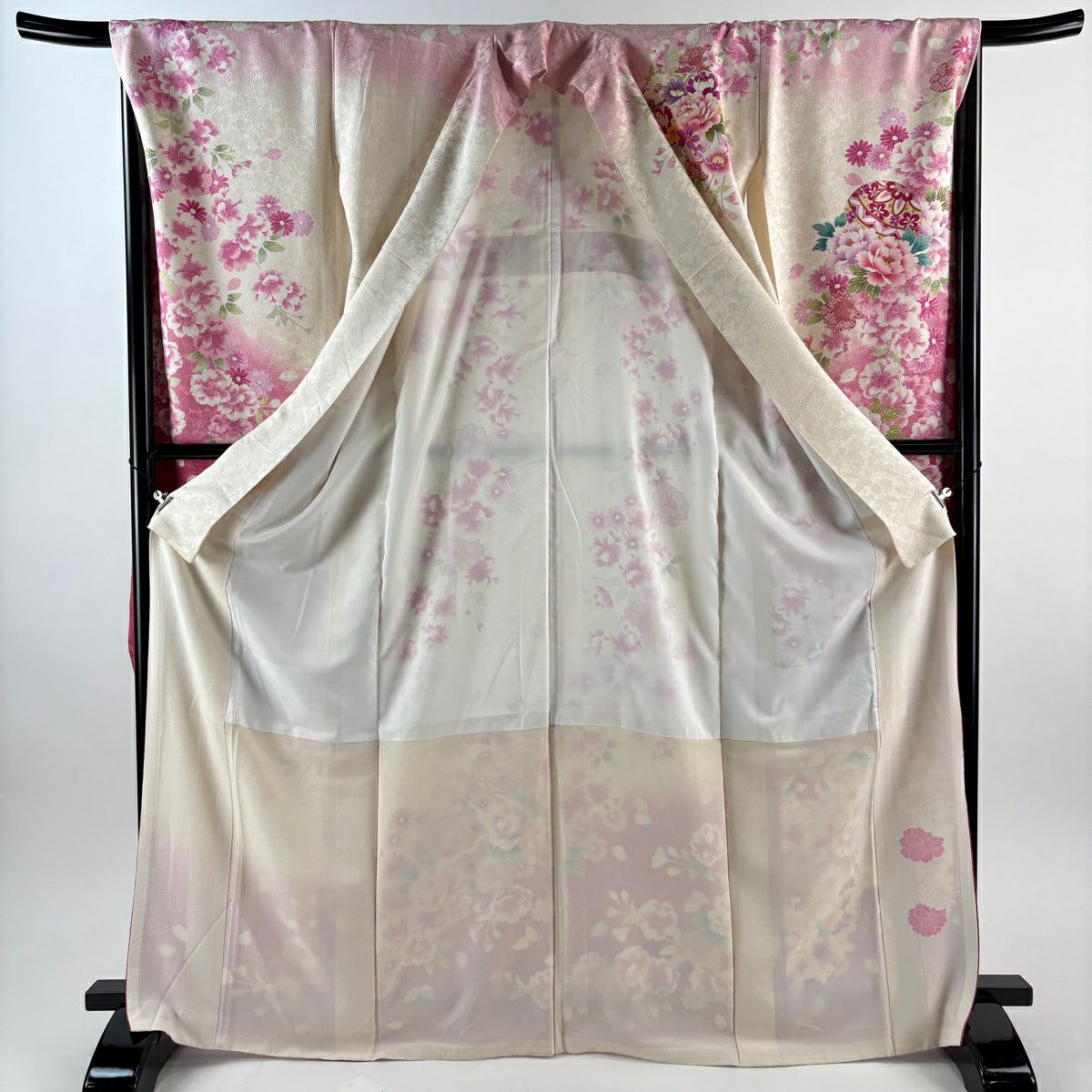 【美品】振袖禮服 身長169cm 袖長68cm L 雙層 花束 手毬 金通 金絲 粉色 純蠶絲 逸品級