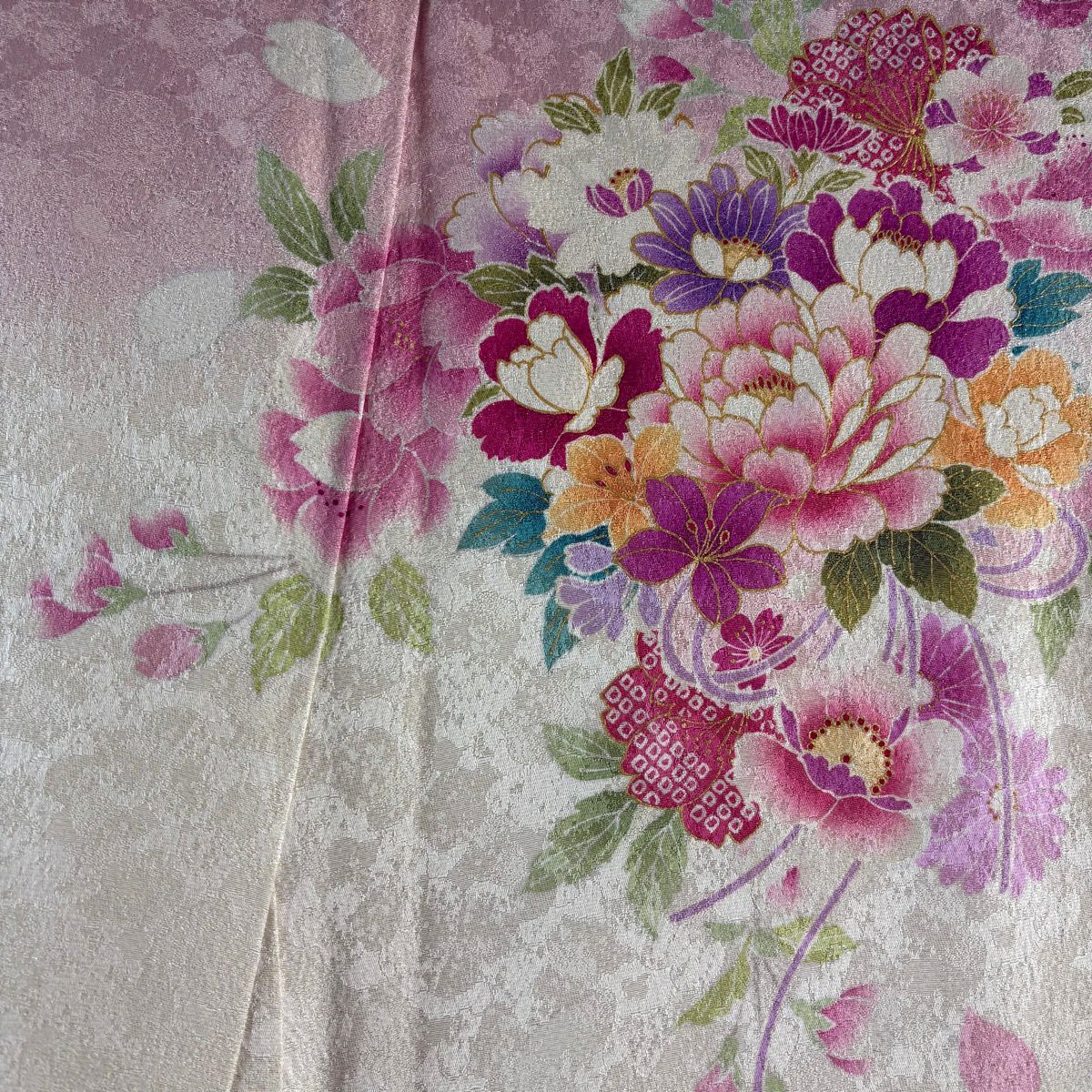 【美品】振袖禮服 身長169cm 袖長68cm L 雙層 花束 手毬 金通 金絲 粉色 純蠶絲 逸品級