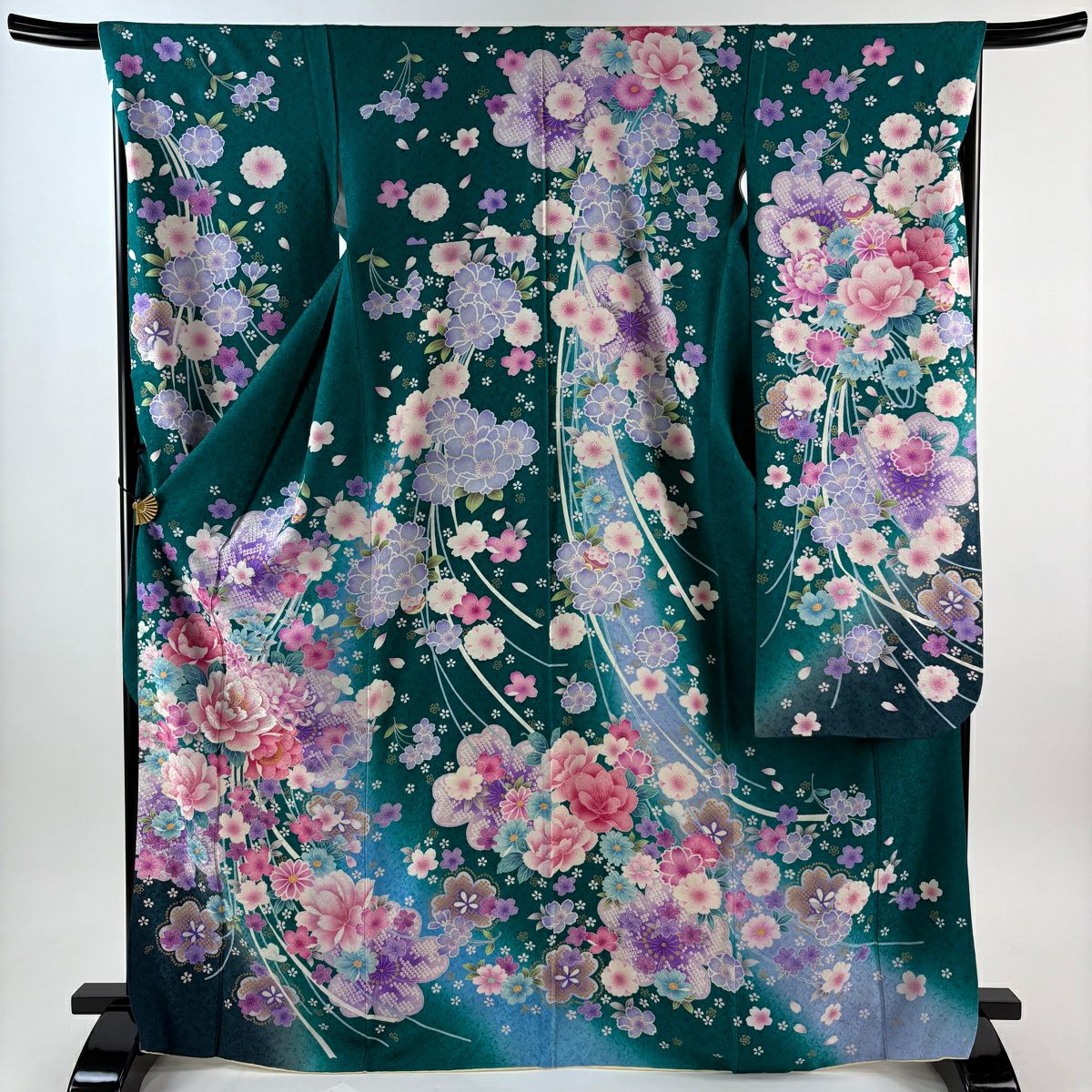 【美品】振袖禮服 身長167cm 袖長68.5cm L 雙層 草花紋紋 櫻花 金銀彩 刺繡 綠 純蠶絲 逸品級