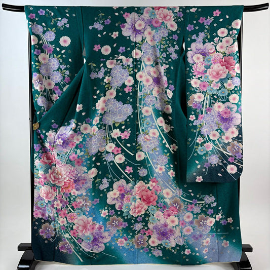 【美品】振袖禮服 身長167cm 袖長68.5cm L 雙層 草花紋紋 櫻花 金銀彩 刺繡 綠 純蠶絲 逸品級