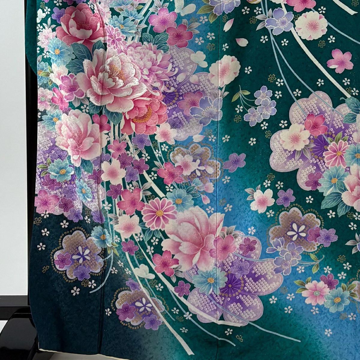 【美品】振袖禮服 身長167cm 袖長68.5cm L 雙層 草花紋紋 櫻花 金銀彩 刺繡 綠 純蠶絲 逸品級