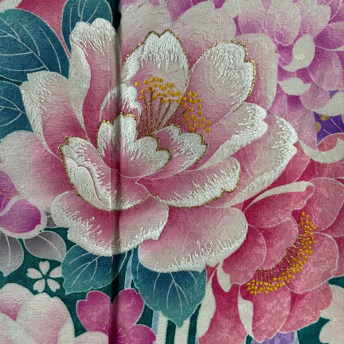 【美品】振袖禮服 身長167cm 袖長68.5cm L 雙層 草花紋紋 櫻花 金銀彩 刺繡 綠 純蠶絲 逸品級