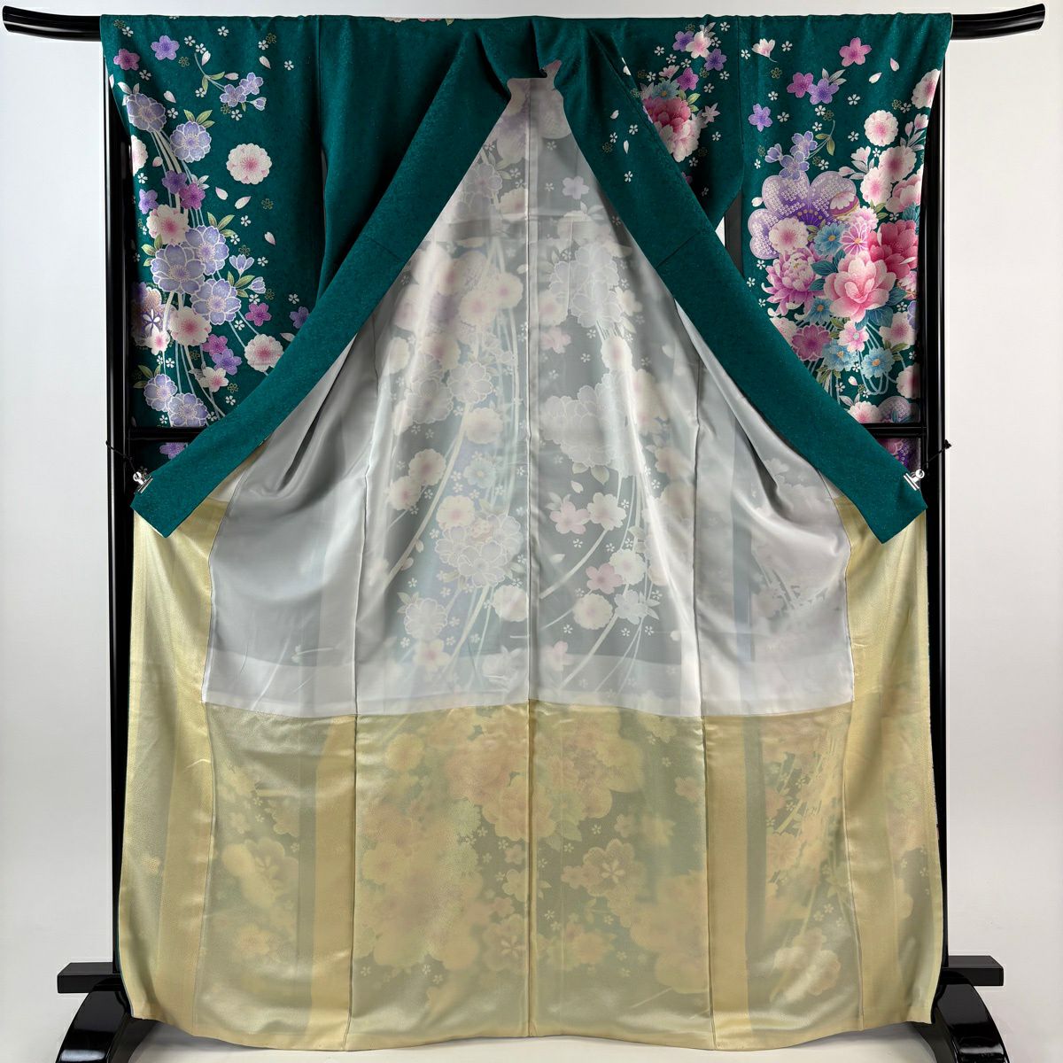 【美品】振袖禮服 身長167cm 袖長68.5cm L 雙層 草花紋紋 櫻花 金銀彩 刺繡 綠 純蠶絲 逸品級