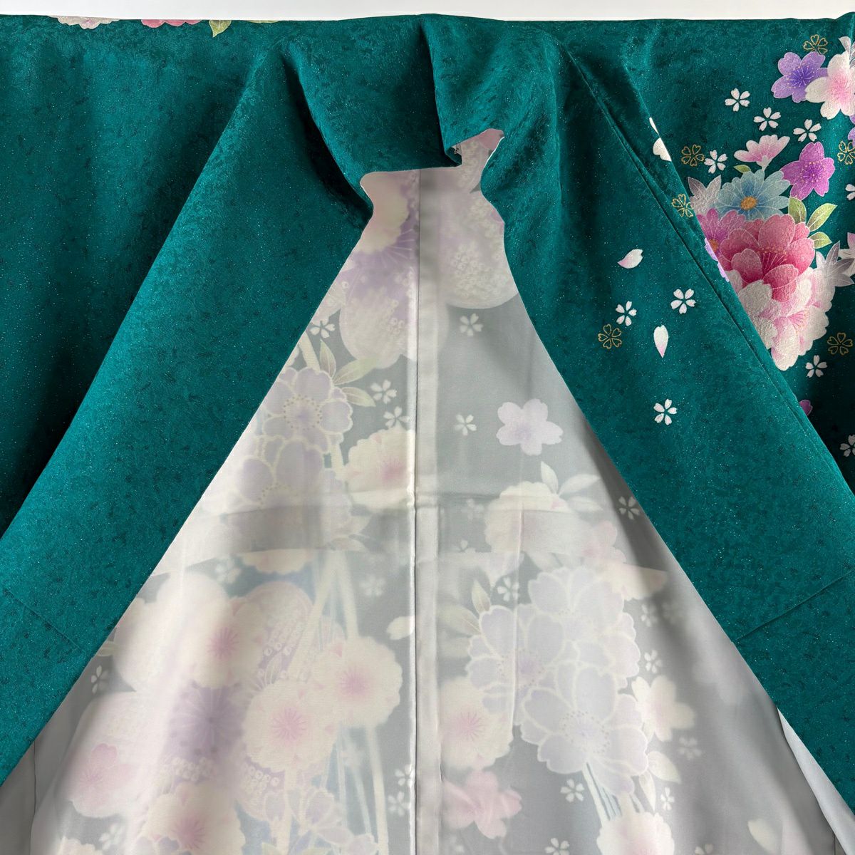 【美品】振袖禮服 身長167cm 袖長68.5cm L 雙層 草花紋紋 櫻花 金銀彩 刺繡 綠 純蠶絲 逸品級