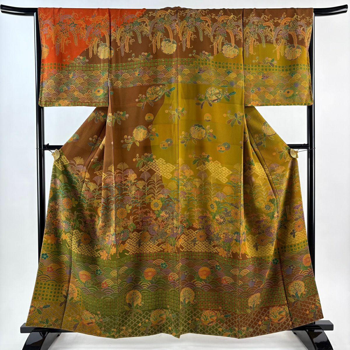 【美品】訪問服 身長161cm 袖長65.5cm M 雙層 前田仁仙 落款あり 草花紋紋 青海波 染分 茶 純蠶絲 逸品級