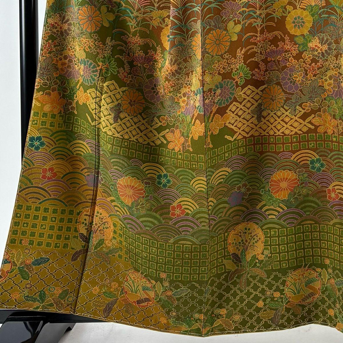 【美品】訪問服 身長161cm 袖長65.5cm M 雙層 前田仁仙 落款あり 草花紋紋 青海波 染分 茶 純蠶絲 逸品級