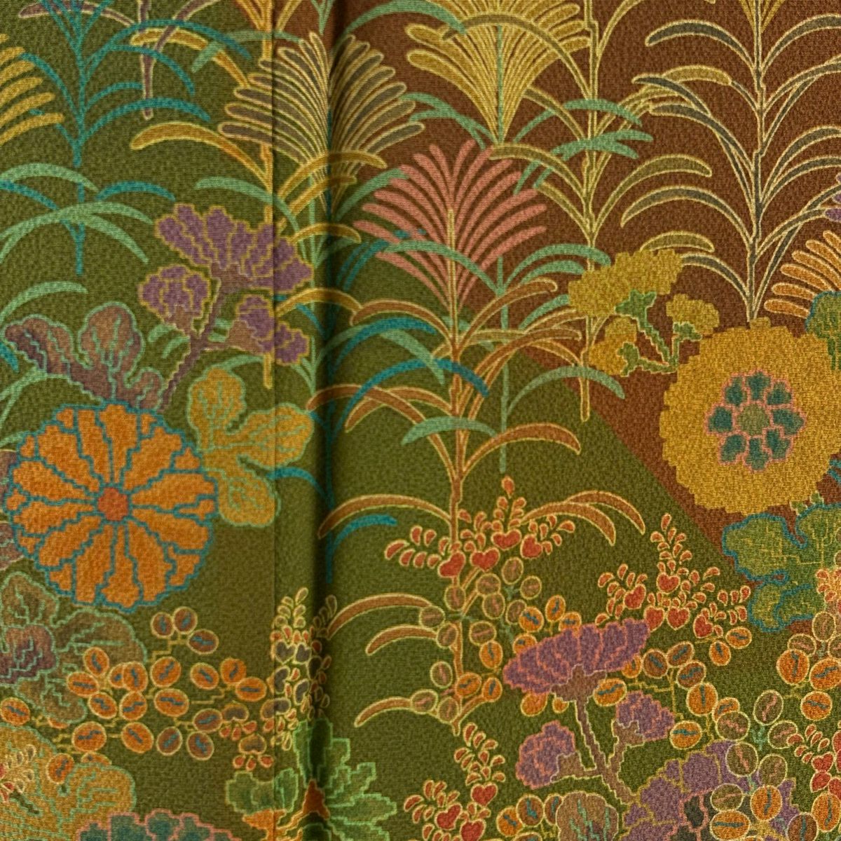 【美品】訪問服 身長161cm 袖長65.5cm M 雙層 前田仁仙 落款あり 草花紋紋 青海波 染分 茶 純蠶絲 逸品級