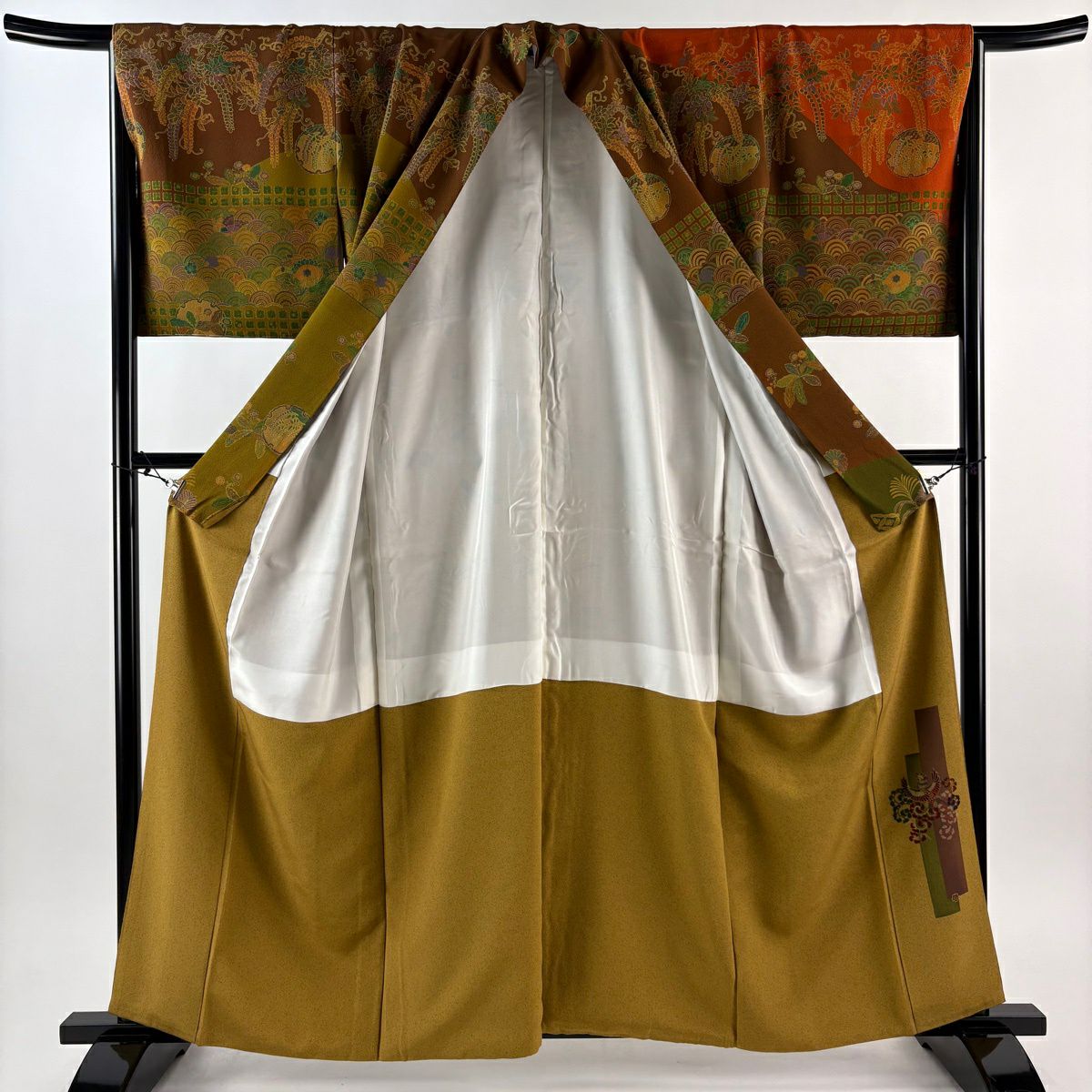 【美品】訪問服 身長161cm 袖長65.5cm M 雙層 前田仁仙 落款あり 草花紋紋 青海波 染分 茶 純蠶絲 逸品級