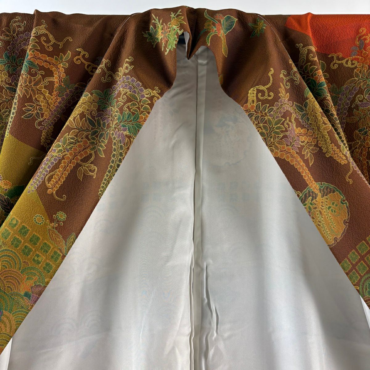【美品】訪問服 身長161cm 袖長65.5cm M 雙層 前田仁仙 落款あり 草花紋紋 青海波 染分 茶 純蠶絲 逸品級