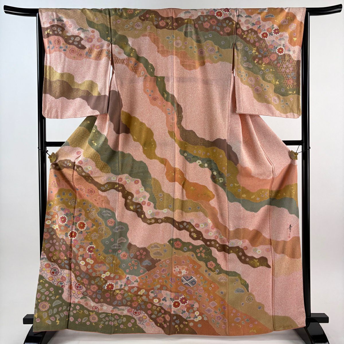 訪問服 身長166.5cm 袖長65cm M 雙層 松樹井青青 落款あり 霞 草花紋 金絲 金銀彩 粉紅 純蠶絲 逸品級