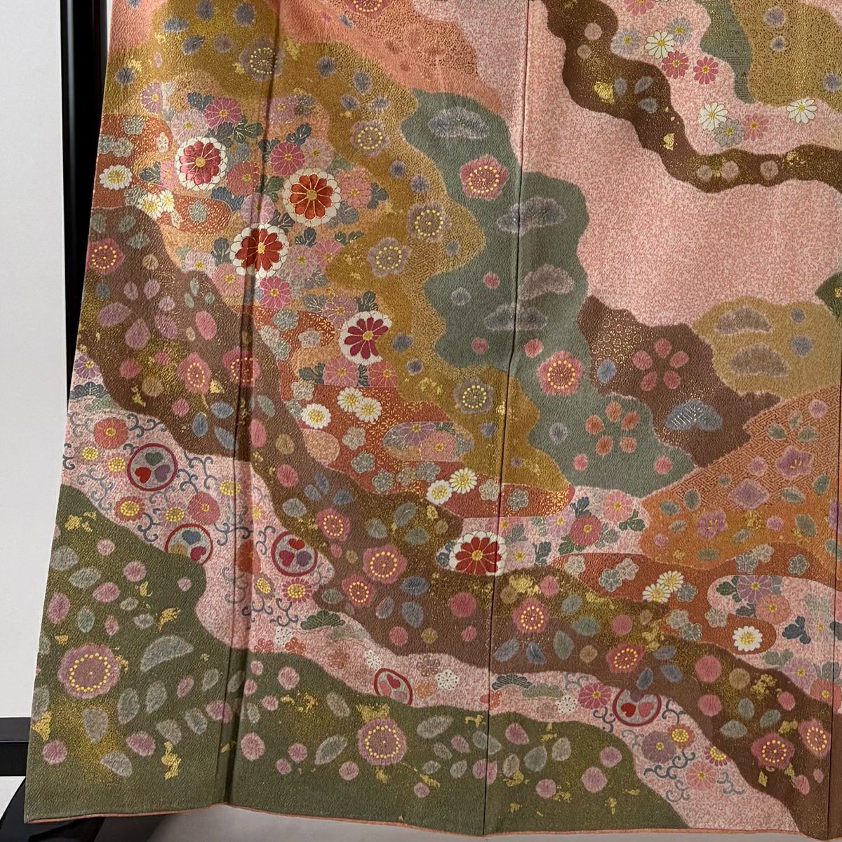 訪問服 身長166.5cm 袖長65cm M 雙層 松樹井青青 落款あり 霞 草花紋 金絲 金銀彩 粉紅 純蠶絲 逸品級