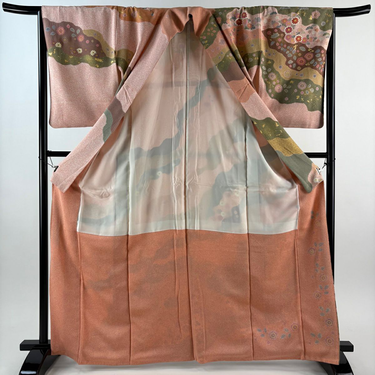 訪問服 身長166.5cm 袖長65cm M 雙層 松樹井青青 落款あり 霞 草花紋 金絲 金銀彩 粉紅 純蠶絲 逸品級