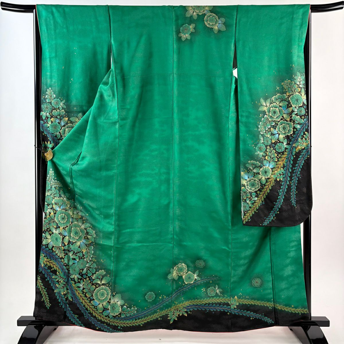 【美品】振袖禮服 身長163cm 袖長66cm M 雙層 草花紋紋 金銀彩 絞染 綠 純蠶絲 逸品級