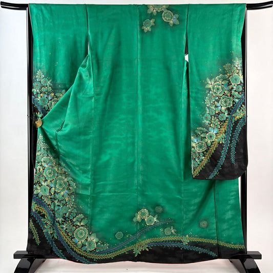 【美品】振袖禮服 身長163cm 袖長66cm M 雙層 草花紋紋 金銀彩 絞染 綠 純蠶絲 逸品級