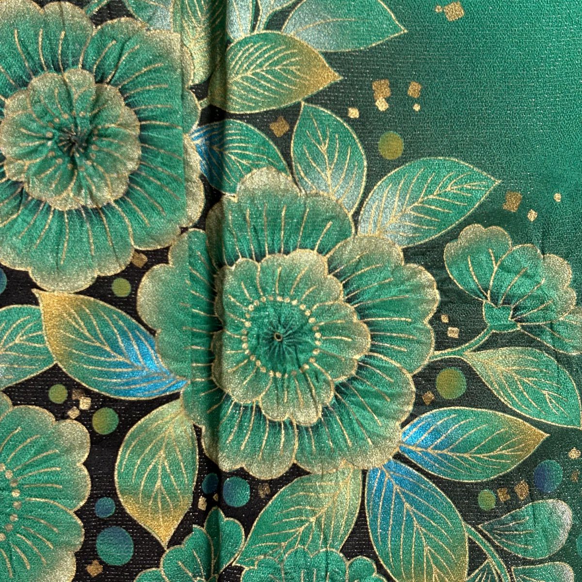 【美品】振袖禮服 身長163cm 袖長66cm M 雙層 草花紋紋 金銀彩 絞染 綠 純蠶絲 逸品級