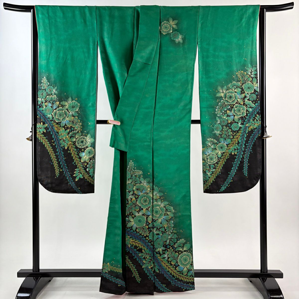 【美品】振袖禮服 身長163cm 袖長66cm M 雙層 草花紋紋 金銀彩 絞染 綠 純蠶絲 逸品級