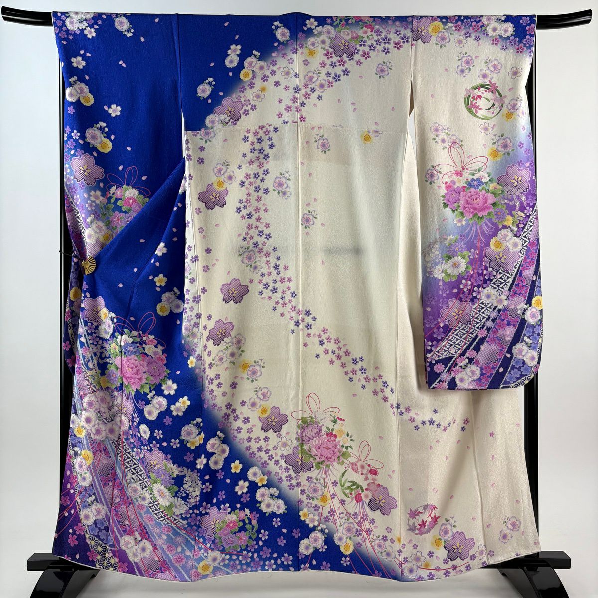 振袖禮服 身長160cm 袖長67.5cm L 雙層 花束 櫻花 金銀彩 染分 青紫 純蠶絲 逸品級