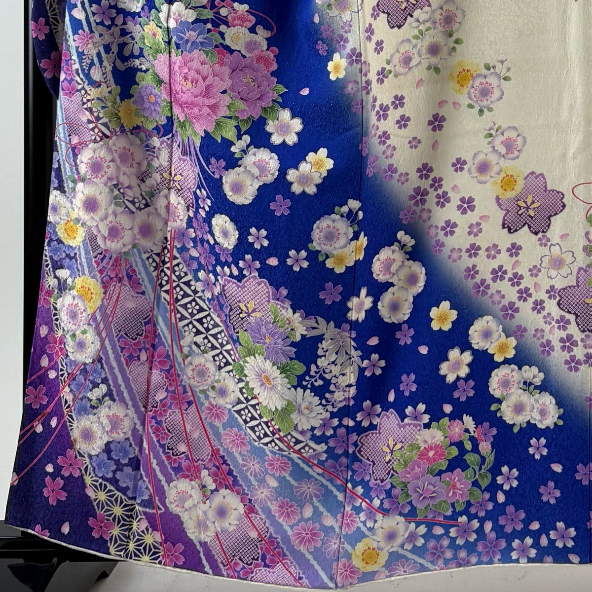 振袖禮服 身長160cm 袖長67.5cm L 雙層 花束 櫻花 金銀彩 染分 青紫 純蠶絲 逸品級