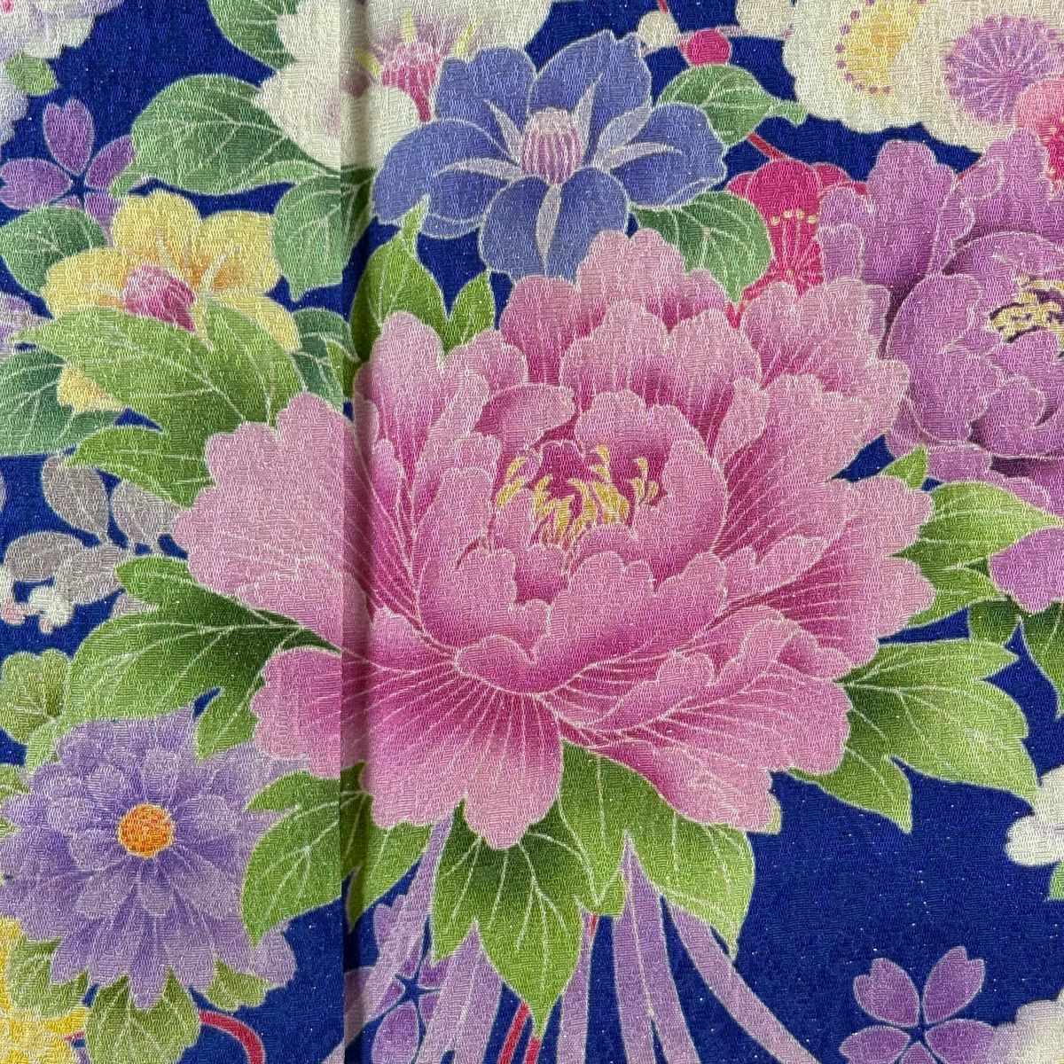 振袖禮服 身長160cm 袖長67.5cm L 雙層 花束 櫻花 金銀彩 染分 青紫 純蠶絲 逸品級