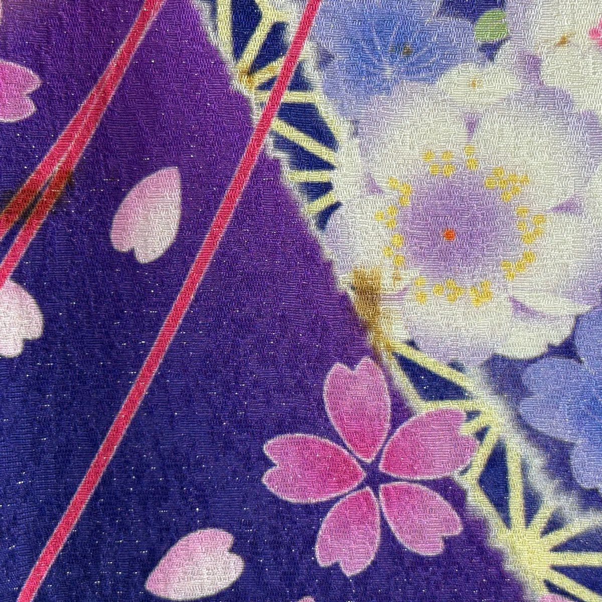 振袖禮服 身長160cm 袖長67.5cm L 雙層 花束 櫻花 金銀彩 染分 青紫 純蠶絲 逸品級