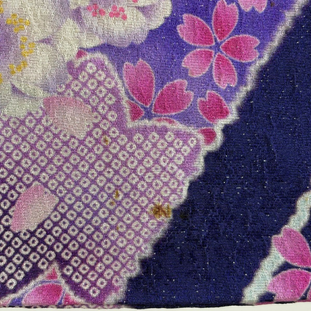振袖禮服 身長160cm 袖長67.5cm L 雙層 花束 櫻花 金銀彩 染分 青紫 純蠶絲 逸品級
