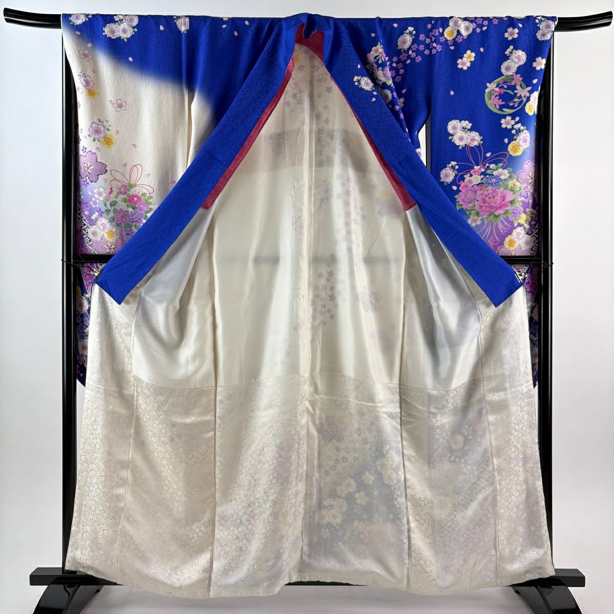 振袖禮服 身長160cm 袖長67.5cm L 雙層 花束 櫻花 金銀彩 染分 青紫 純蠶絲 逸品級