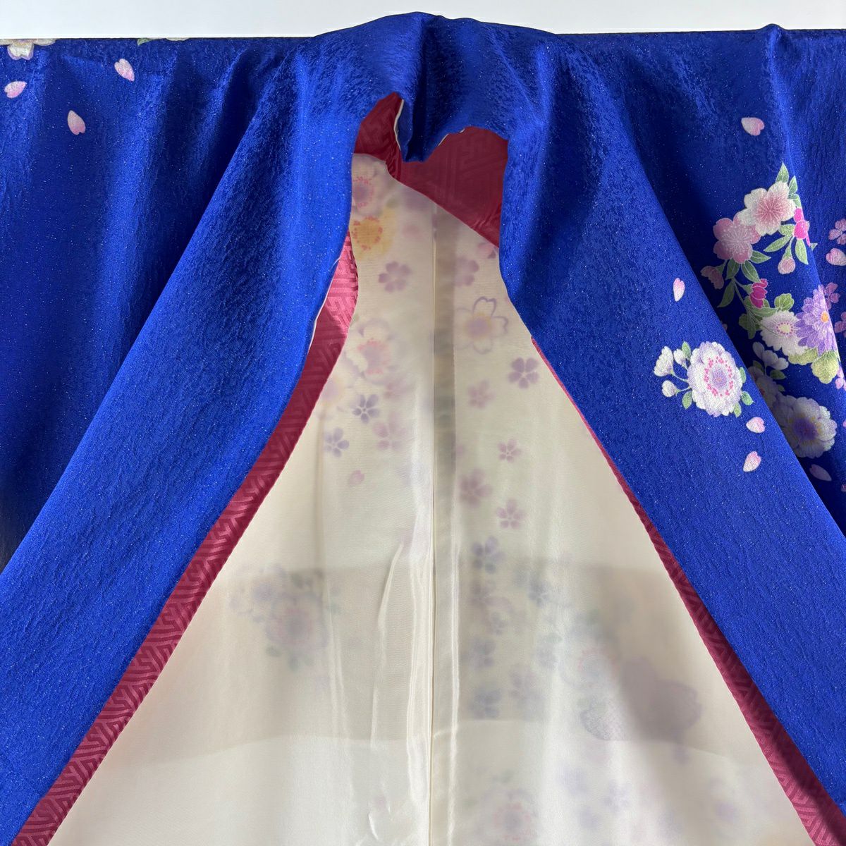振袖禮服 身長160cm 袖長67.5cm L 雙層 花束 櫻花 金銀彩 染分 青紫 純蠶絲 逸品級