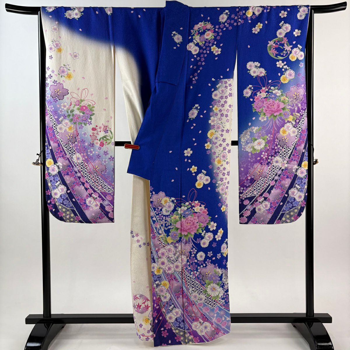 振袖禮服 身長160cm 袖長67.5cm L 雙層 花束 櫻花 金銀彩 染分 青紫 純蠶絲 逸品級