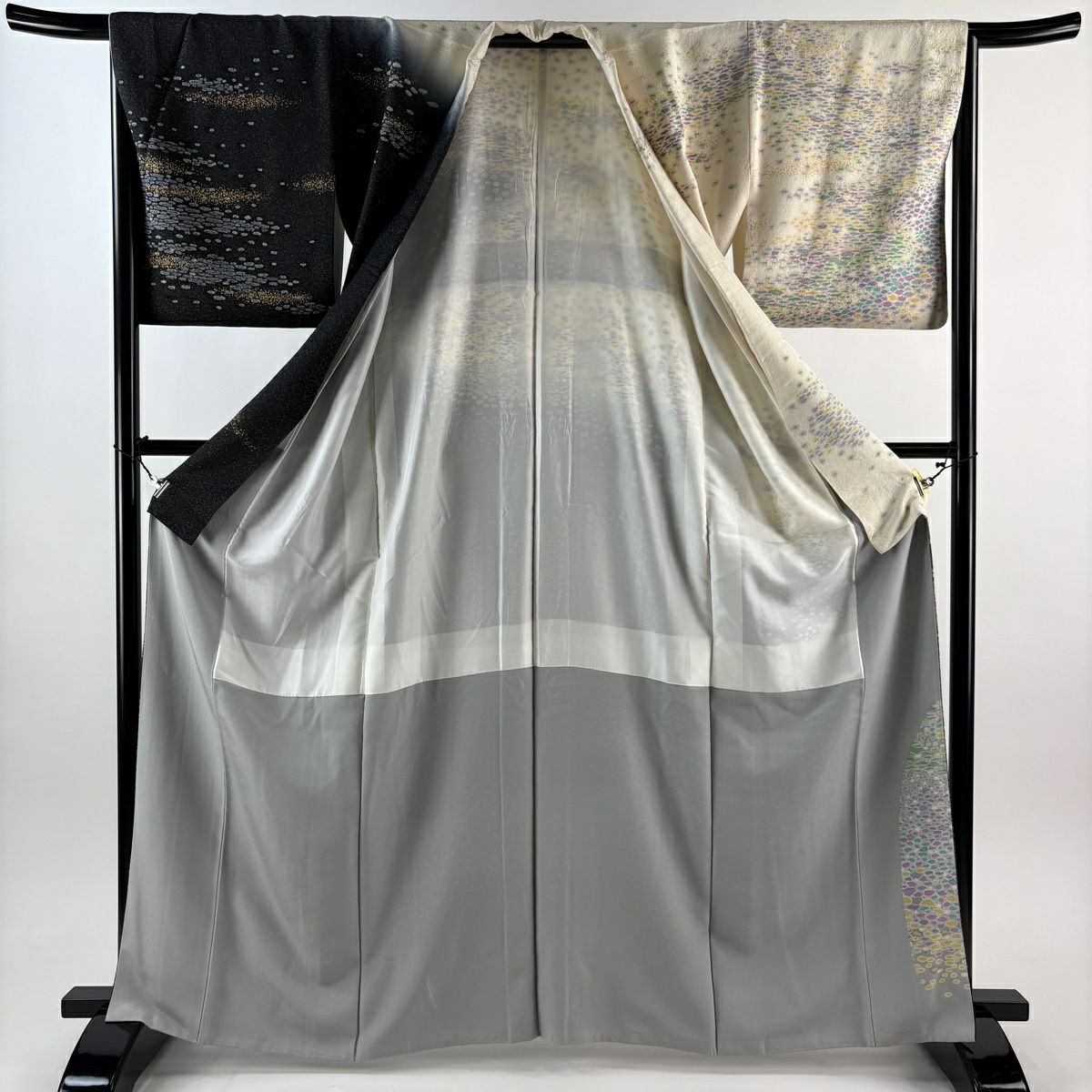 訪問服 身長165.5cm 袖長66.5cm M 雙層 霞 幾何學 金銀彩 金通し 奶油色 純蠶絲 逸品級
