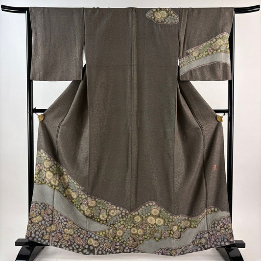 【美品】訪問服 身長162cm 袖長65.5cm M 雙層 樋熊哲也 落款あり 辻花染 金通し 漸層 灰茶 純蠶絲 逸品級