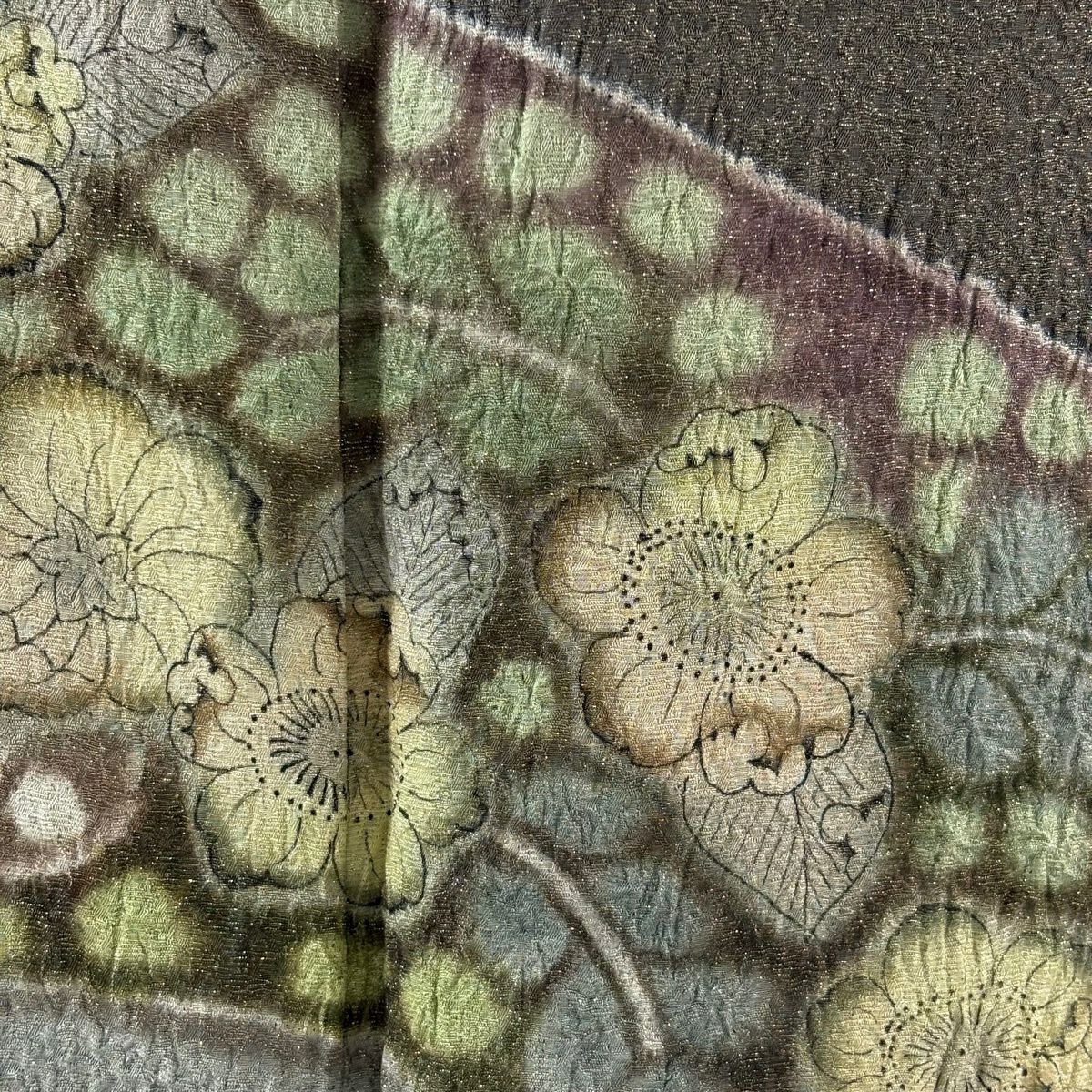 【美品】訪問服 身長162cm 袖長65.5cm M 雙層 樋熊哲也 落款あり 辻花染 金通し 漸層 灰茶 純蠶絲 逸品級