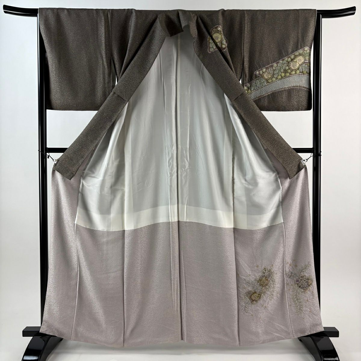 【美品】訪問服 身長162cm 袖長65.5cm M 雙層 樋熊哲也 落款あり 辻花染 金通し 漸層 灰茶 純蠶絲 逸品級