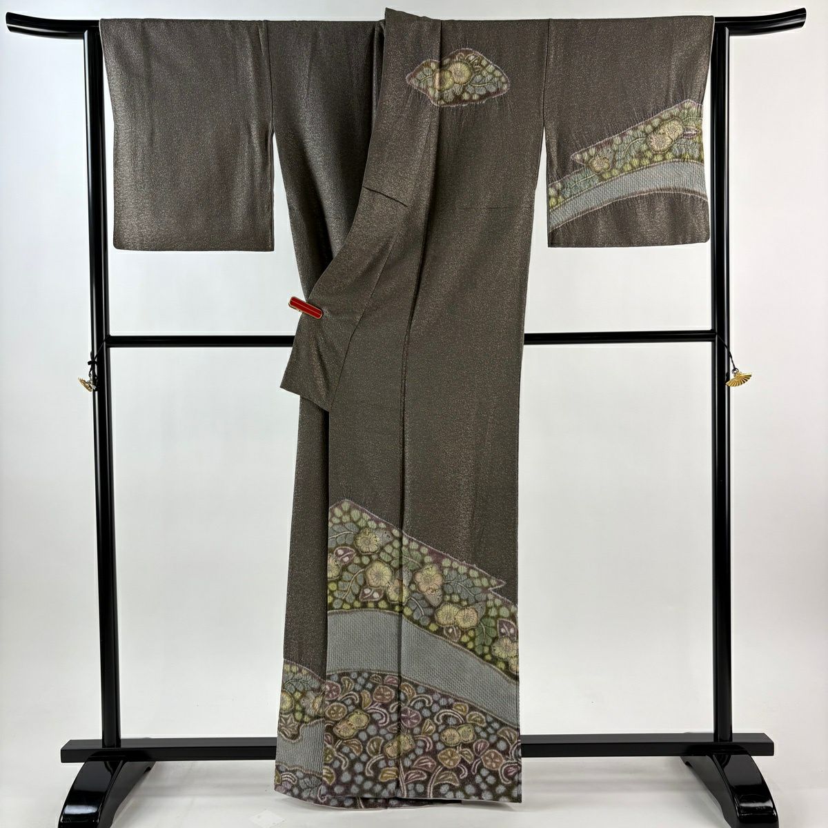【美品】訪問服 身長162cm 袖長65.5cm M 雙層 樋熊哲也 落款あり 辻花染 金通し 漸層 灰茶 純蠶絲 逸品級