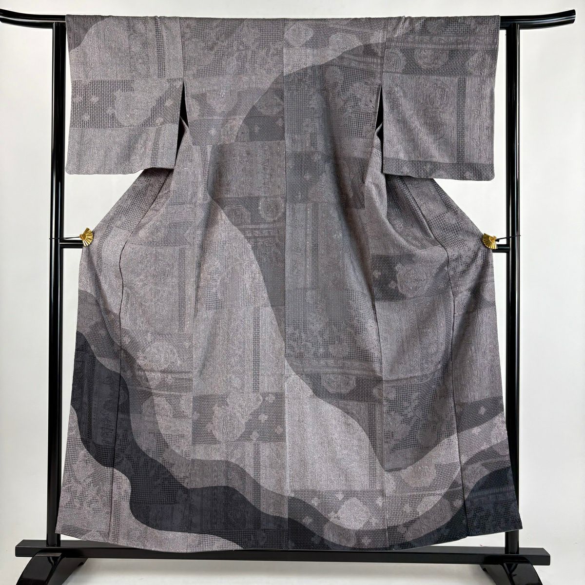【美品】訪問服 身長157cm 袖長62.5cm S 雙層 ますいわ屋 草花紋紋 霞刺繡 染分 灰紫 純蠶絲 逸品級