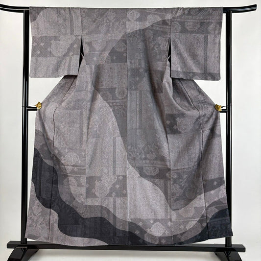 【美品】訪問服 身長157cm 袖長62.5cm S 雙層 ますいわ屋 草花紋紋 霞刺繡 染分 灰紫 純蠶絲 逸品級