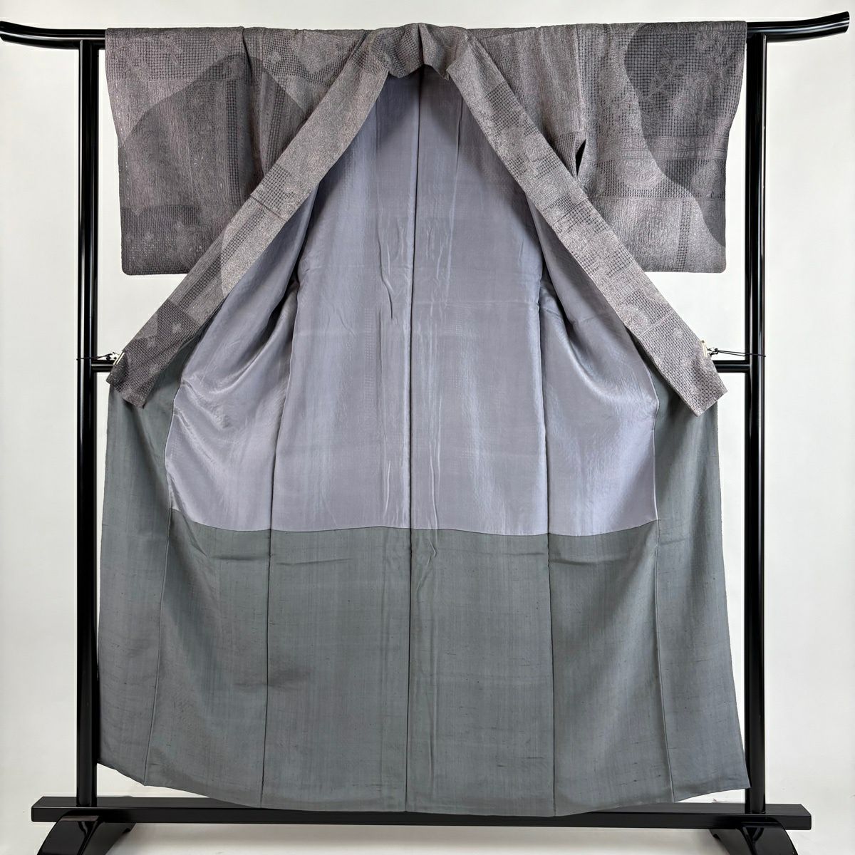 【美品】訪問服 身長157cm 袖長62.5cm S 雙層 ますいわ屋 草花紋紋 霞刺繡 染分 灰紫 純蠶絲 逸品級
