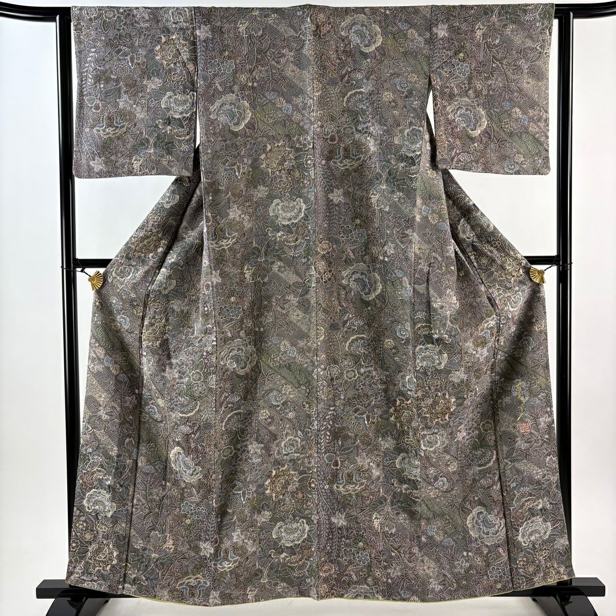 【美品】 小紋 身長159cm 袖長63cm S 雙層 山岡古都 有落款 草花紋紋 紗綾形紋意匠 灰紫 純蠶絲 逸品級